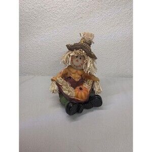 Vintage Fall Scarecrow Figurine with Pumpkin Rustic Autumn Harvest Decor Farm